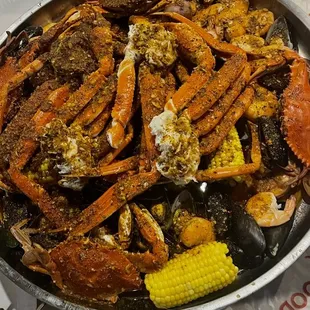 a large pan of seafood