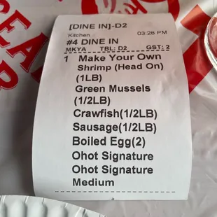 Order ticket for make your own seafood boil