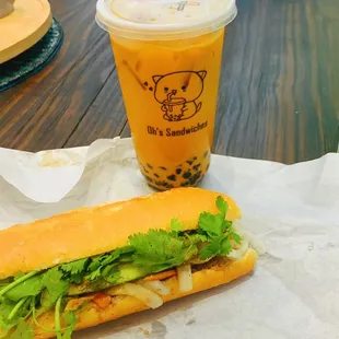 Banh MI with Grilled Chicken Thai iced tea with boba