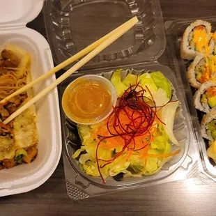 Dinner - chicken yakisoba, house salad, spicy tuna roll