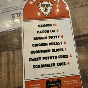 Bark bites menu