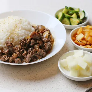 Banchan Meal with Bulgogi Braised Beef. Choice of 3 banchan.