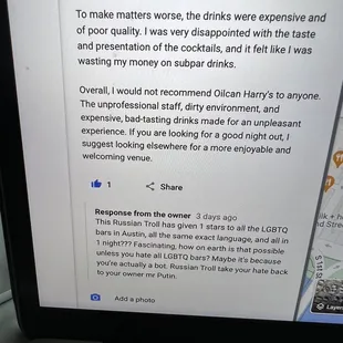 Hate speech messages from the owner after giving a place one star