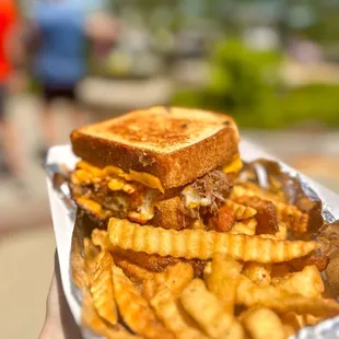 Brisket Grilled Cheese with Crinkle Fries