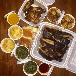 Take out - ribs, wings, corn pudding, greens, potatoes, and corn bread. $1.15 bone day.  Total - $36.00