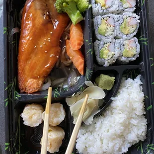 a bento box of food