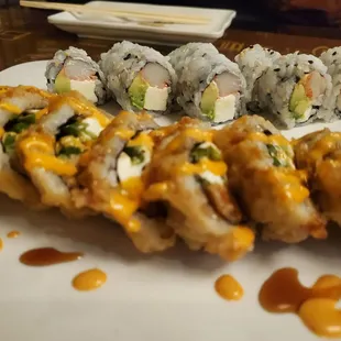 Philadelphia roll with crab substitution and Magic Roll