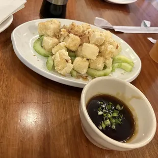 Agedashi tofu ... super crispy and the cucumbers add a nice freshness