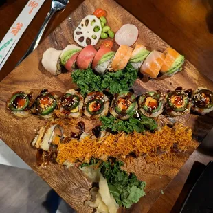 Pictured top to bottom: Rainbow roll, Las Vegas Roll, and Smoky Rocky roll