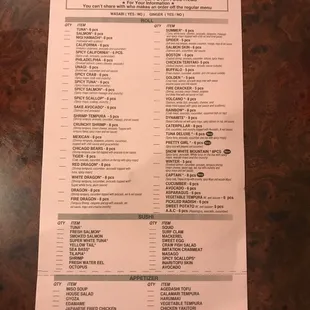 All you can eat sushi menu $26.99