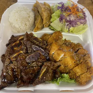 Bento Boxes your choice of 2 meats, includes white steamed rice, salad, 3 gyozas, and miso soup