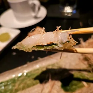 Scallop on tempura shiso