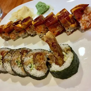 Front - Spider Roll (soft shell crab) Back - Viagra Roll (eel, salmon, tuna, yellowtail)