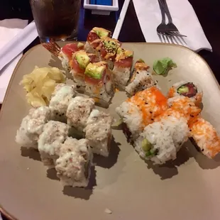 King crab roll, tuna California and no name roll up top