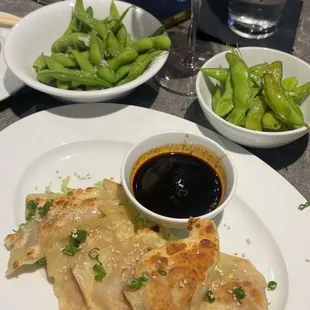 Edamame and pork and shrimp dumplings