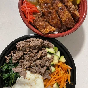 Curry Ebi Katsudon and Bulgogi Bibimbab