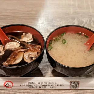 Mushroom (right) and Miso (left) soups.