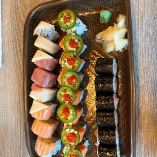 Left to right: rainbow roll, kiss of fire roll, toro roll