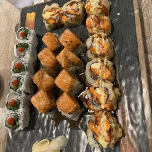 Left to right - spicy tuna roll, Oishii roll, seashore roll