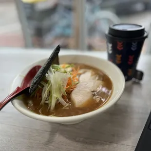 A delicious bowl of miso ramen and jasmine tea!