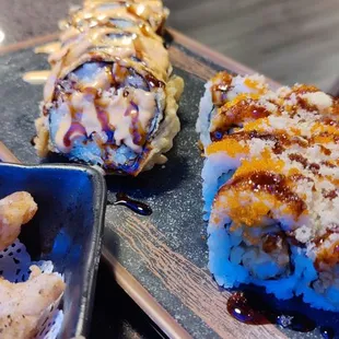 Calamari, crunchy shrimp roll and Godzilla roll.