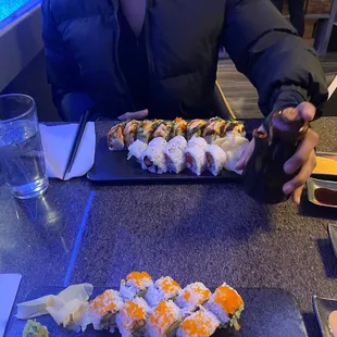 California Roll, crab and salmon, Dragon Roll