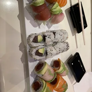 Rainbow Roll, tuna avocado roll and  I think a Fantastic Roll