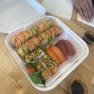 Top to bottom - miami, red city, spicy beach, salmon and tuna nigiri