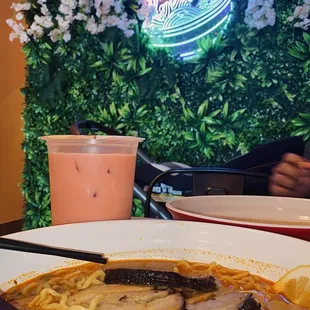 Spicy pork ramen &amp; strawberry milk tea !