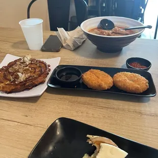 Pork bun, pancake and potato croquettes.