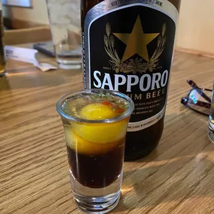 Uzura (shot glass) and large Sapporo