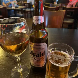 a glass of wine and a bottle of beer