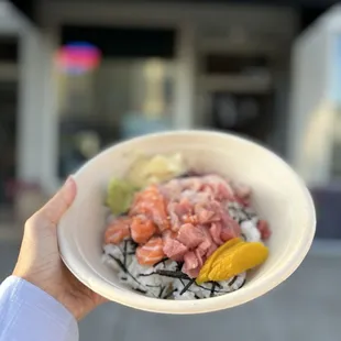 Hamachi, tuna, and salmon donburi