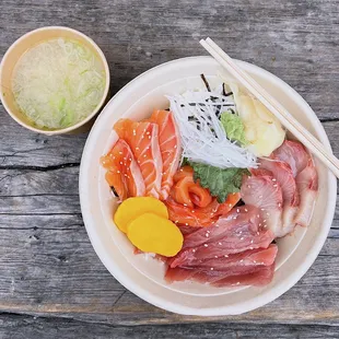 Chirashi w/ hamachi, maguro, sake | $27 (includes miso soup)