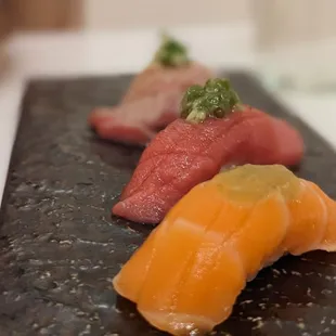Salmon sushi, chutoro and otoro.