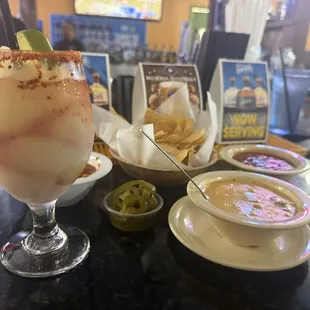 Swirl sangria swirl frozen margarita lined with tajin.  Beef &amp; Queso Dip