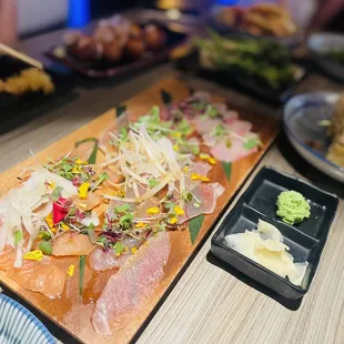 Salmon Carpaccio, albacore carpaccio, yellowtail carpaccio.