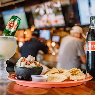 a drink and chips