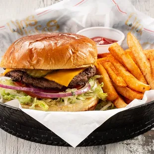 a cheeseburger and fries