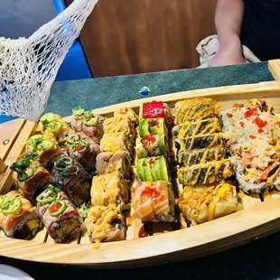Incredible Roll, Fillet Mignon Roll, Lonely Angle Roll, Cole Roll, Godzilla Roll, and Baked Crawfish &amp; Kani Roll (not in order)