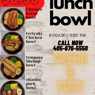 the menu for lunch bowl