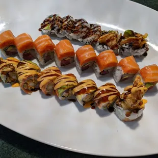 Sweet hot roll, hot chick roll, and spider roll.
