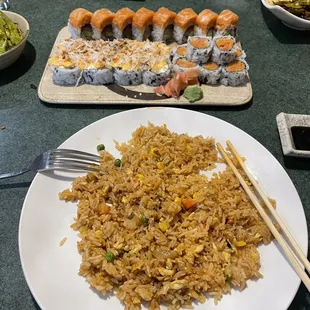 Spicy Edamame, Hot Chick Roll, Spicy Tuna Roll, Matt Roll and a side of Japanese Veg Fried Rice.