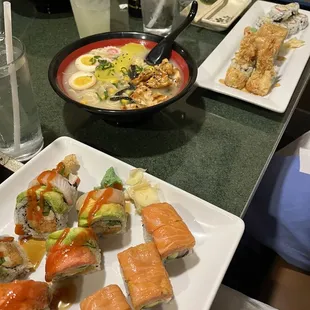 Chicken teriyaki ramen and multiple rolls