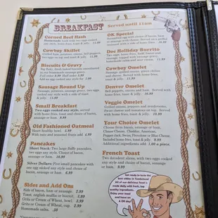 Breakfast menu at Ok Cafe