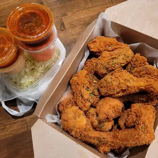 a box of fried chicken and coleslaw