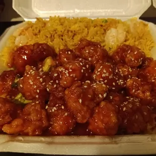 Sesame Chicken with Shrimp Fried Rice