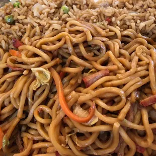 Pork lo mein with pork fried rice