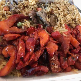 Boneless spare ribs with beef fried rice