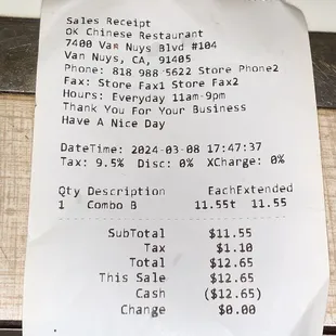 Receipt for a combo B